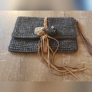 Recycled Woven Paper Tan Fringe Trim Black Clutch